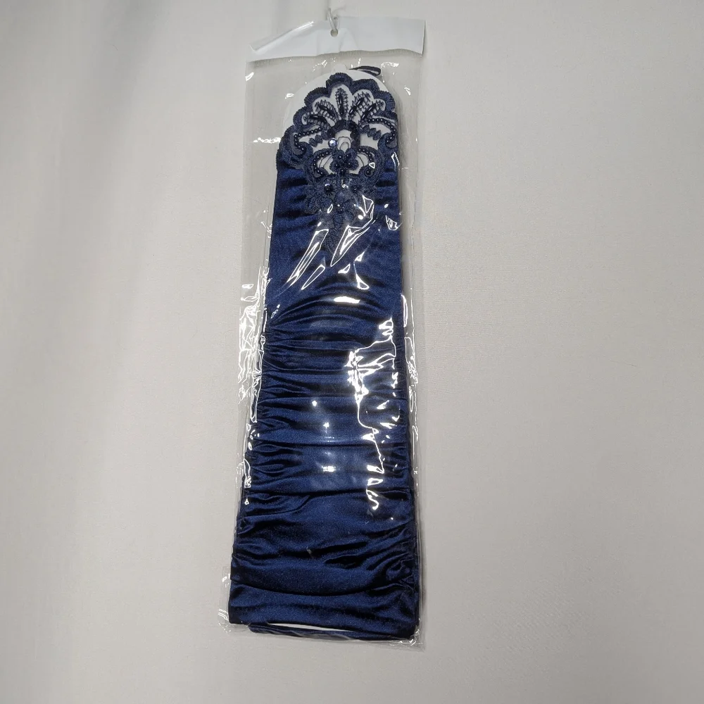New Womens Navy Blue Satin Beaded Embroidered Fingerless Gloves One Size